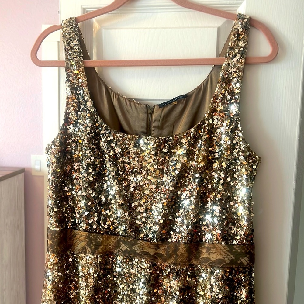 Elie Tahari fabulous GOLD SEQUIN party dress Sz 14 **RARE** FREE Shipping!
